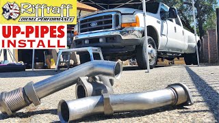 2001 F350 73  RiffRaff UpPipes Install  Stock up pipes leaking and falling apart JUNK SP [upl. by Arel]